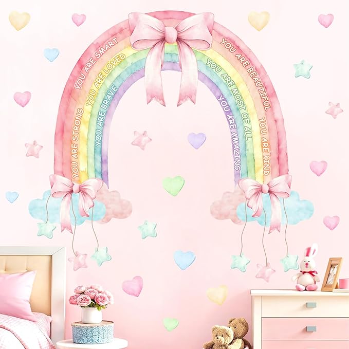 Large Watercolor Rainbow Wall Decals Pastel Pink Bow Wall Decor Kids Inspirational Vinyl Sticker Peel and Stick You are Loved Self-Affirmation Clouds Art Mural for Baby Girls Bedroom Nursery Playroom