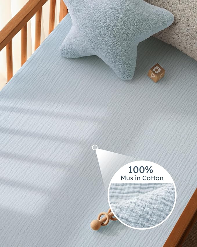Muslin Pack and Play Sheets Fitted, 100% Cotton Mini Crib Sheets 2 Pack for Pack N Play Mattress, Stretchy Playard Sheet, Soft and Breathable Gradient Blue