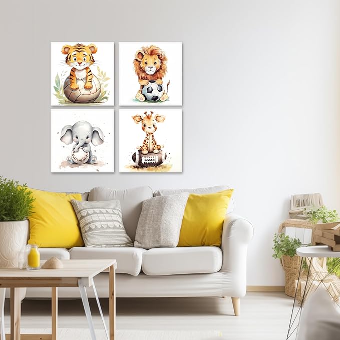 LYUNSHUO Nursery Wall Decor 4 Piece Cute Animal Canvas Print Wall Art for Boy's Girl's Room Decor Cartoon Artwork for Living Room Home Decor Gallery Wrapped(Art-1,20.00"x20.00"x4P)
