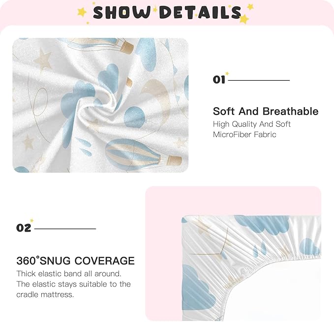 CEBUGI Stretchy Crib Sheet for Baby Boy Girl,Hot Air Balloon Portable Mini Fitted Pack N Play Playard Sheet for Neutral,Ultra Soft Material,Full Standard Toddler Mattresses,M