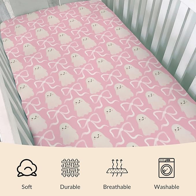Halloween Spooky Pink Bows Baby Crib Sheets Cute Pastel Bows Soft Crib Sheet Spooky Season Fitted Crib Mattress Cover for Standard Crib and Toddler Mattresses 52"x28"