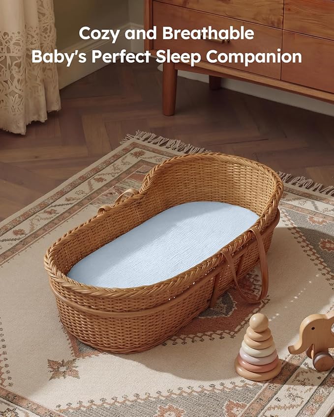 Muslin Bassinet Sheets Boy Girl, 100% Cotton Fitted Bassinet Sheet Set 2 Pack Bassinet Mattress Sheets Universal Fit for Rectangle, Round, Oval, Hourglass Mattress, Soft Breathable