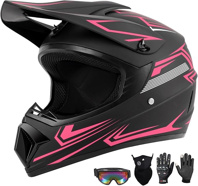 Youth Kids Dirt Bike Motocross Helmet (Goggles Gloves Face Mask) 4PCS Set, DOT Approved Girls Full Face Motorcycle Helmets, ATV BMX MX Mountain Bike Off Road Kid Helmet (Pink, XL)