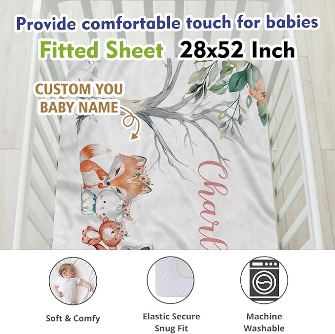 Animal Family Theme Personalized Crib Bedding Set - 2 Piece Custom Name Crib Set with Blanket and Crib Sheet for Infant, Crib Set for Newborns Infant, Comfort and Cozy