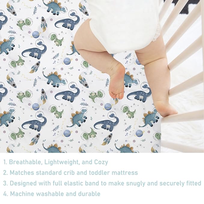 Watercolor Space Dinosaurs Baby Crib Sheet 52''x28'' Cute Dinosaur Rockets Planet Stars Leaves Snug Fitted Crib Mattress Cover for Boy Girl Soft Baby Bed Sheet for Standard Crib and Toddler Mattress