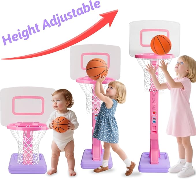 Toddler Girl Basketball Hoop Indoor Pink Adjustable Mini Basketball Goal with Ball Pump for Outdoor Poolside Toys Backyard Game Outside Basketball Toy for Kids Age 3-5 6 7 4-8 Birthday Gift