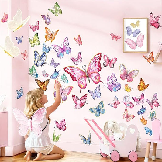 decalmile Pink Butterfly Wall Stickers Colorful Watercolor Butterflies Wall Decals Baby Nursery Bedroom Girls Room Home Decor
