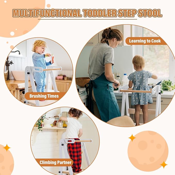 Gewitt Foldable Toddler Kitchen Stool Helper - Adjustable Height Toddler Standing Tower, Kids Helper Stool with Safty Rail for Kitchen Counter Bathroom (White)
