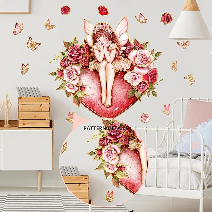 Fairy and Rose Wall Stickers Dreamy Theme Beautiful Girl with Roses and Butterflies Decals Peel and Stick Waterproof Decor for Kids Room Bedroom Living Room(Fairy)