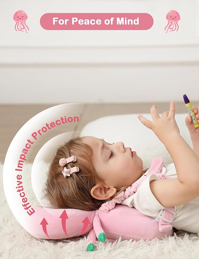 JunNeng Baby Head Protector Backpack, Toddler Fall Head Protection Cushion, Pink Octopus