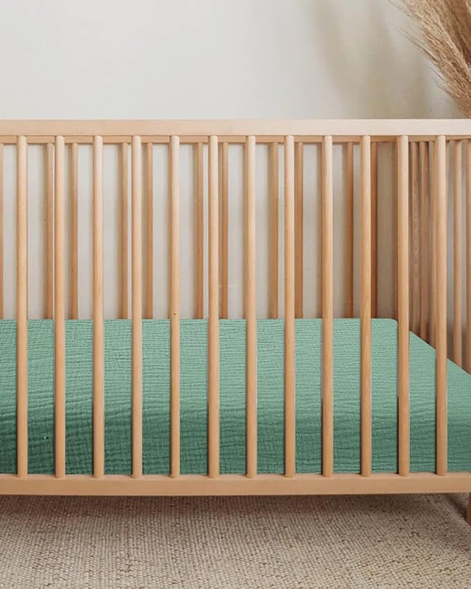 Mini Crib Sheets for Baby, Fitted Pack N Play Mattress and Mini Cribs 24" x 38", Neutral Muslin Cotton Mini Crib Mattress Sheet with Boho Style, Soft and Breathable Comfort (Roman Green)