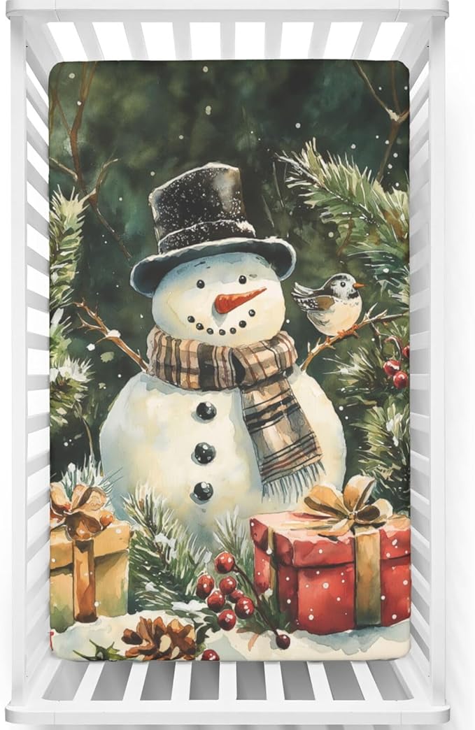 Christmas Theme Fitted Crib Sheet,Woods Snowman and Bird Print Pattern,Standard Crib Mattress Fitted Sheet Ultra Soft Material - Great for Boy or Girl Room or Nursery,28“ x52“,Green