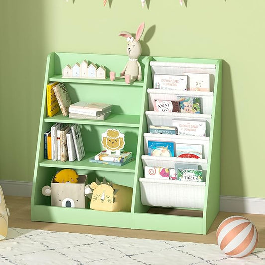 HedoAjim Kids Bookshelf Toddler Bookcase Children Book Rack Baby Toy Storage Organizer Child Book Display Shelf 4-Tier 5 Layer Sling Cabinet Chest Playroom Bedroom Classroom Library Green