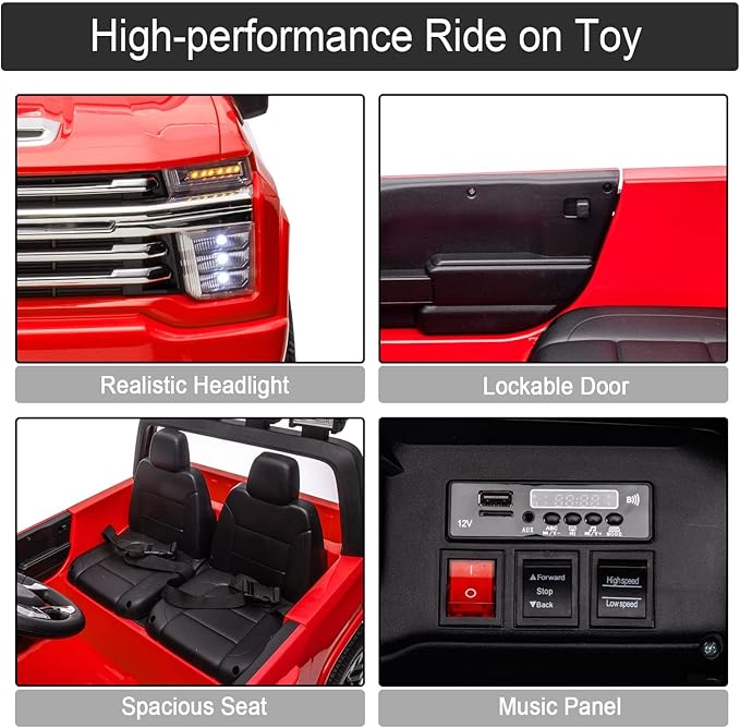 FINITO 24v Ride on Toys for Kids，Licensed Chevrolet Silverado ，2 Seater Battery Powered Ride on Cars，with Parental Remote Control, Music, Bluetooth, Gift for Kids(Red)