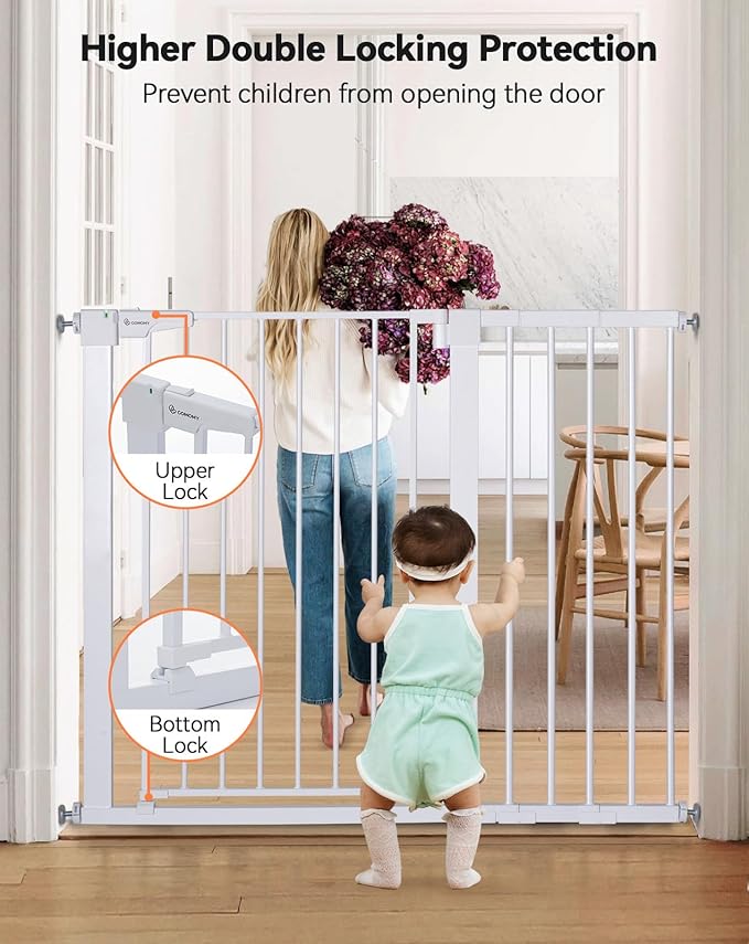 COMOMY 36" Extra Tall Baby Gate for Stairs Doorways, Fits Openings 29.5" to 46" Wide, Auto Close Extra Wide Dog Gate for House, Pressure Mounted Easy Walk Through Pet Gate with Door, White