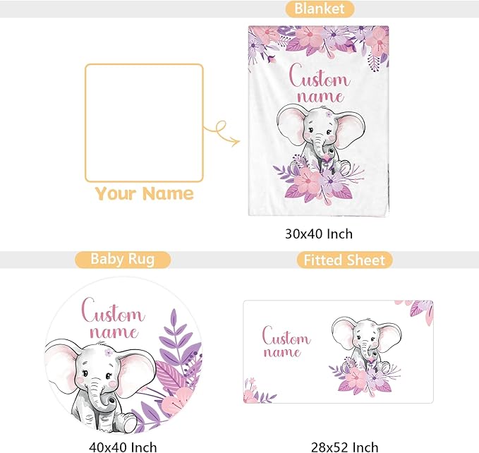 Personalized Baby Bedding Set - 3 Pcs Custom Name Crib Bedding Set for Nursery, Soft Double Layer Baby Crib Set for Boys Girls, Customized Gifts for New Parents Infant Toddler, Purple Elephant