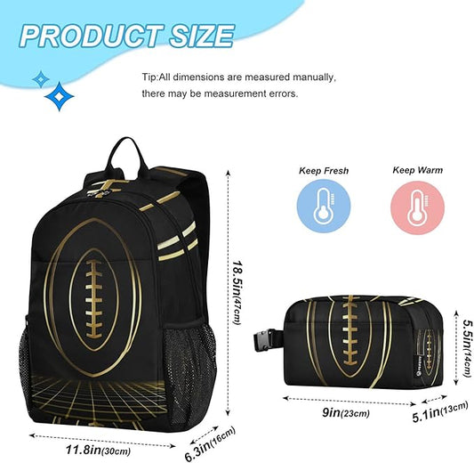 Jucciaco American Football Gold Backpack with Lunch Bag, School Travel Backpack for Teens Boys Girls Backpacks Set