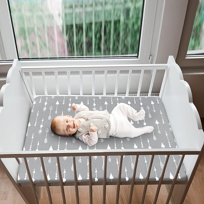 4-Pack Fitted Mini Crib Sheets for Boys and Girls - Breathable, Soft Microfiber Baby Sheets in Grey and Pink