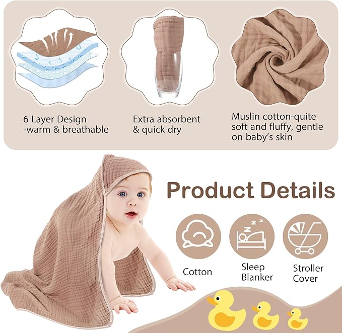 Peryiter 4 Pcs Muslin Hooded Baby Towels, 32x 32'' Cotton Newborn Bath Towel Muslin Infant Baby Blankets Absorbent Unisex Christmas Registry Gift Essentials for Girls Boys (White,Coffee,Blue)