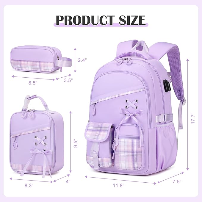 DIGOBAY Backpack for Girls - 3PCS Girls Backpack with Lunch Box & Pencil Pouch Plaid School Backpacks for Elementary Middle High College School Bookbag for Teen Girl Kids Students Purple