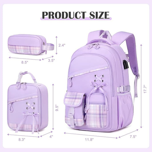 DIGOBAY Backpack for Girls - 3PCS Girls Backpack with Lunch Box & Pencil Pouch Plaid School Backpacks for Elementary Middle High College School Bookbag for Teen Girl Kids Students Purple