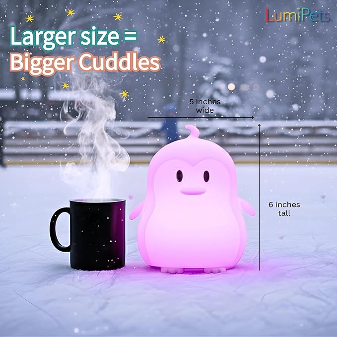 Lumipets Remote Control Silicone Night Light for Kids - Penguin Design with 9 Soft Colors & Sleep Timer - Rechargeable, Battery-Operated Lamp for Bedroom | Baby Nursery, Toddler, Girls, Boys