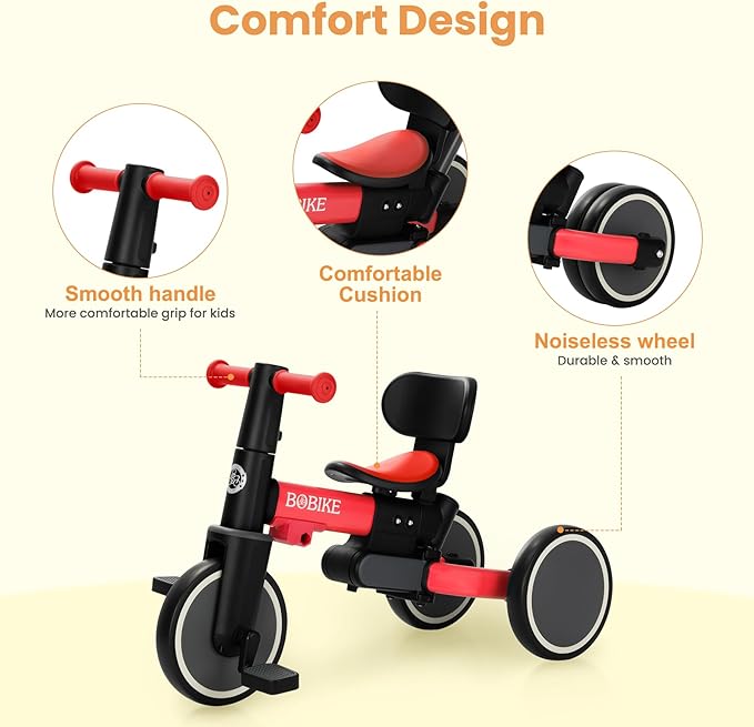 BoBike 5-in-1 Tricycle for Toddlers 18 Months to 5 Years, Kids Bike with Upgraded Pedals, Parent Push Handle, Balance Bike & Easy Assembly for Boys Girls (Red)