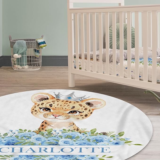 Personalized Baby Crib Bedding Set: 4 Piece Custom Blue Floral Leopard Crib Bed Set with Name, Nursery Bedding Set for Baby Girls, Newborn Boys Crib Sets, Crib Bedding Custom Gift, Crib Sheet