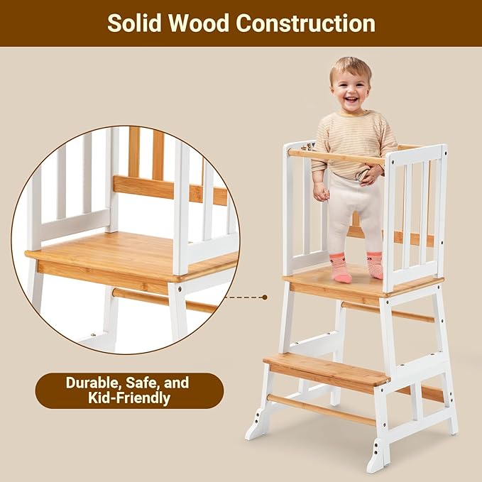 COSYLAND Kids Kitchen Step Stool Helper - Wooden Standing Tower for Kids with Anti-Tip Support Legs (White & Natural)