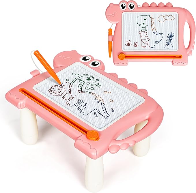 Dinosaur Magnetic Doodle Board Table for Toddlers, Color Drawing & Writing Sketch Pad Educational Learning Kids Toy for 1 2 3 Year Old Girls, Mess-Free Art Gift for Birthday or Valentine's Day, Pink