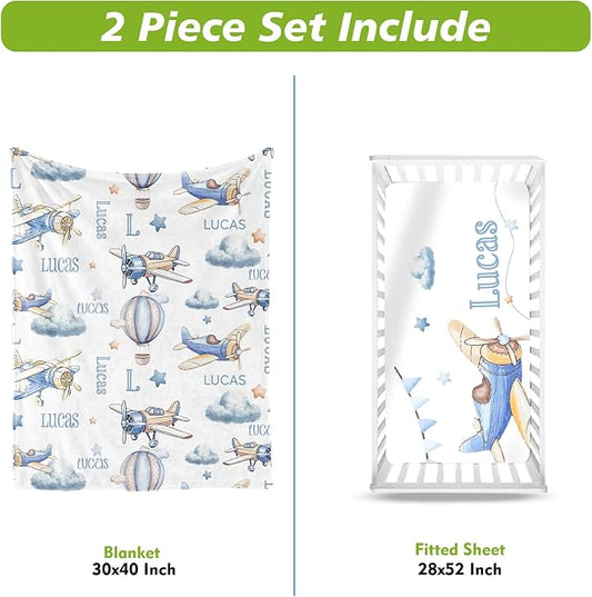 Personalized Crib Bedding Set for Boys Girls, Custom Baby Crib Sets with Name, Toy Airplane Design Nursery Bedding 2 Piece - Soft Blanket with Double Layer Dotted Backing, Crib Fitted Sheet