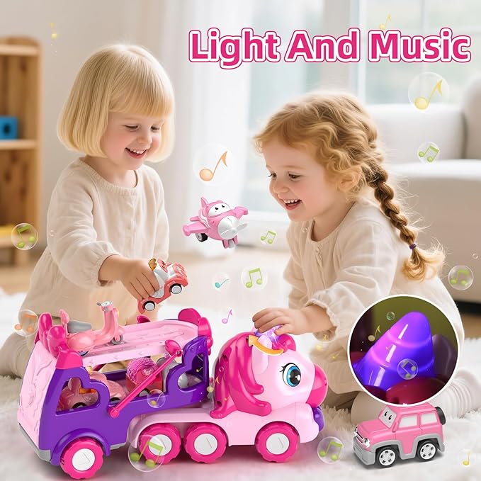 Girls Toys for 2 3 Year Old, Toddler Girl Toys Age 2-4, 7-in-1 Carrier Truck with Light & Music, Truck Toys for 1 2 3 Year Old Girl Birthday
