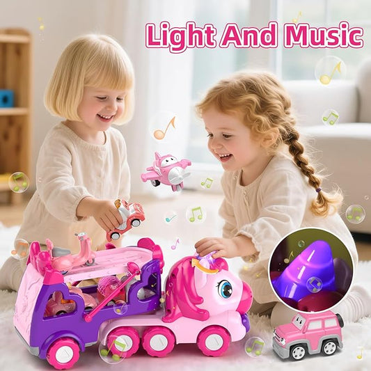 Girls Toys for 2 3 Year Old, Toddler Girl Toys Age 2-4, 7-in-1 Carrier Truck with Light & Music, Truck Toys for 1 2 3 Year Old Girl Birthday