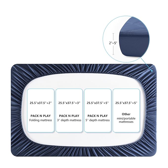 TILLYOU Pack and Play Sheets for Toddler Mattress, Mini Crib Sheets Fitted Up to 3" Deep, Breathable and Soft fit 39"x27", Navy