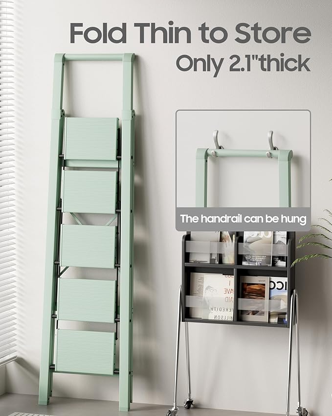 HillhutApex 5 Step Foldable Aluminum Step Ladder with Handgrip, Anti-Slip Pedal, 330 lbs Capacity, Lightweight & Portable for Home, Kitchen, Office, Garage (Pale Green)