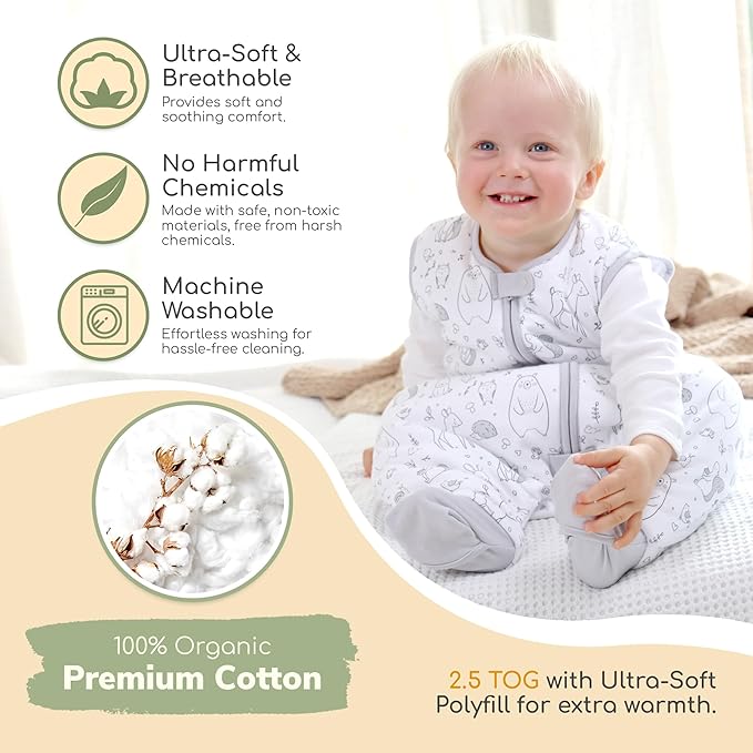 Mama Cheetah Toddler Sleep Sack with Feet 2T, 2.5 TOG Organic Cotton Baby Sleeping Bag with Legs, Baby Wearable Blankets for Walkers w/ 2-Way Zipper, Baby Sleep Sack for Girls Boys, Medium