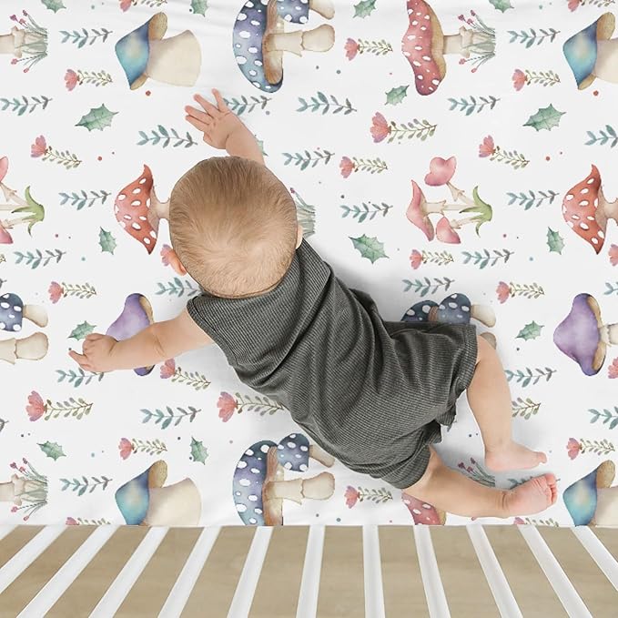 Fairytale Mushroom Baby Crib Sheets for Boy Girl 52x28Inch Colorful Mushrooms Floral Leaves Soft Snug Fitted Crib Mattress Cover Magical Plant Baby Sheet for Standard Crib & Toddler Bed Mattress