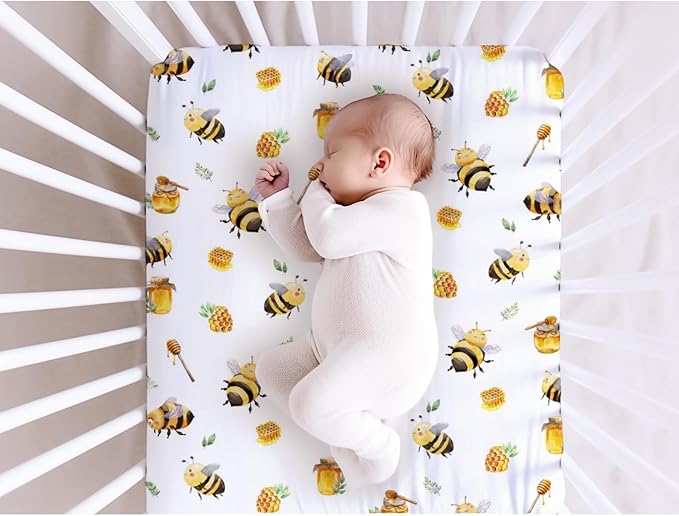 Bee Honey Baby Crib Sheets Neutral for Standard Crib Mattress Pads Cartoon Bee Honeycomb Fitted Crib Sheet Nursery Crib Mattress Cover Boys Girls Toddler Bed Sheet Stretchy Breathable Nursery Bed