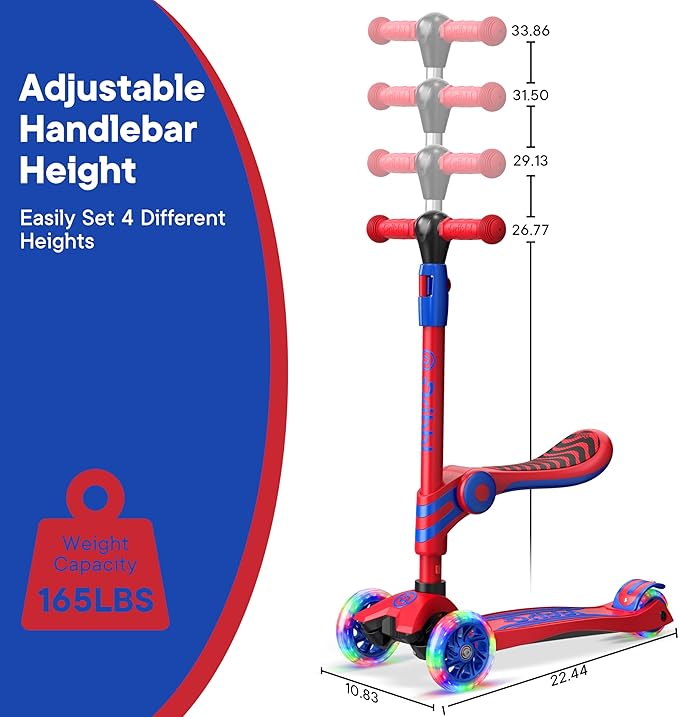 Red and Blue 3 Wheel Scooter with Seat for Kids, Light-Up Wheels, Adjustable Lean to Steer Handlebar and Seat, Smooth Wheels, Wide No-Slip Deck, Rear Foot Brake, Toddler Outdoor Toys for Ages 2+