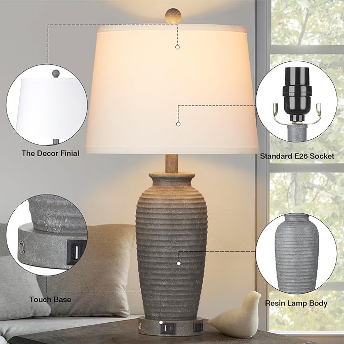 CINSARY 25" Farmhouse Jar Table Lamps Set of 2, 3 Way Touch Control Rustic Bedside Lamps with USB A+C Ports & AC Outlet, Pot Nightstand Lamps for Bedroom Living Room (LED Bulbs Included)