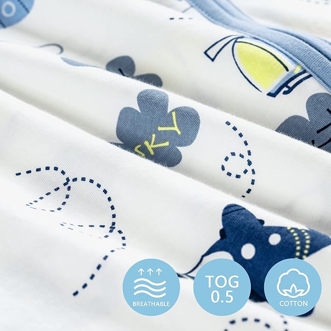 TILLYOU 2 Pack Infant Sleep Sack 0-6 Months 100% Cotton Wearable Blanket 0.5 TOG Sleeveless Summer Sleep Sacks with 2-Way Zipper, Sky Adventure & Sky Blue
