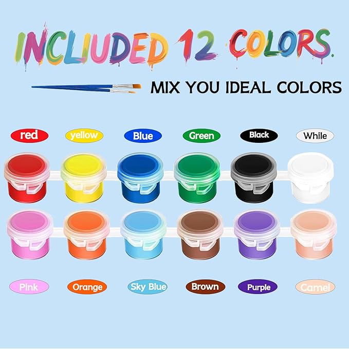 10 Pack Mini Acrylic Paint Set, 12 Colors Washable Paint Strips for Kids & Adults - Includes 20 Brushes (10 Flat + 10 Pointed), kids Paint Kits for Easter Eggs, Birthday, Classroom Party, Art Gifts