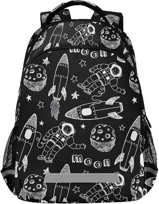 MNSRUU School Backpack with Chest Strap, Cartoon Astronaut Planet And Rocket Laptop Backpack, Travel Hiking Backpack for Boys Girls, Rucksack, Knapsack