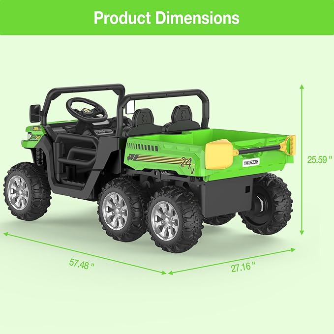 2-Seater Kids Ride On Dump Truck, 75W Electric Ride On UTV Toys with Remote Control, Dump Bed, PP Tire x 6, LED Light & Music, 24V 4WD Power Ride On Truck Car for Boys Girls (Green)