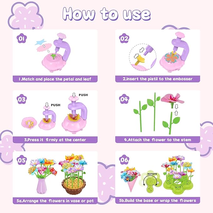 Fabric Flower Bouquets Toys – DIY Craft Kit for Kids, Pretend Flower Market Playset, Build Your Bouquet, Creative Arts & Crafts Educational Toy for Girls Ages 4-8, Birthday Gift for Kids