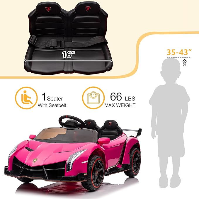 Winado 12V Ride on Car, Electric Vehicle Licensed Lamborghini Veneno for Kids, Battery Powered Car Toy w/Parent Control, Hydraulic Doors, 3 Speeds, LED Headlights, Horn, Engine Sounds - Pink