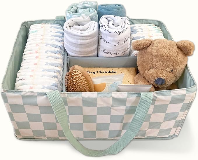 Tiny Twinkle Diaper Caddy Organizer | Foldable Baby Storage Basket with Removable Divider | Waterproof & Mess-Proof Fabric, Portable Nursery Organizer for Newborn Essentials (Sage Checkers)