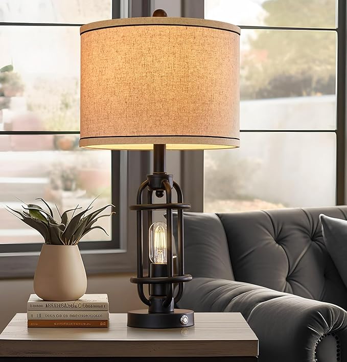 G-SAFAVA 23.75'' Industrial Black Metal Table Lamps Living Room Lamp for Nightstand Bedroom lamp Single Bedside End Side Table Lamps Home Decor Touch Lamp Modern Lamps with USB Ports, Bulbs Included