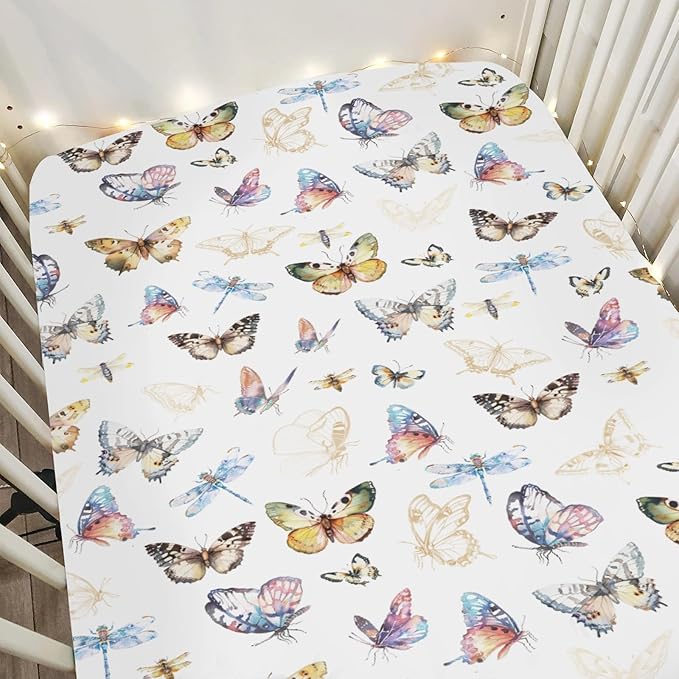 Boho Butterflies Dragonflies Baby Crib Sheets for Boy Girl 52x28Inch Vintage Butterflies Soft Stretchy Fitted Crib Mattress Cover Garden Baby Sheet for Standard Crib and Toddler Bed Mattress