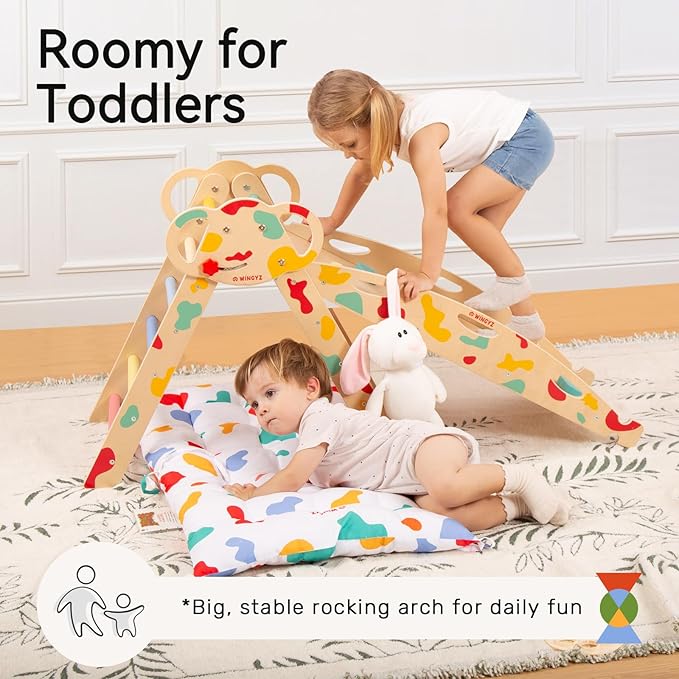 wingyz Pikler Triangle Climbing Set with Cushion,Foldable 8 in 1 Jungle Gyms for Toddlers 1-3, Indoor Playground for Kids,Baby Montessori Climber Gift（Rainbow）